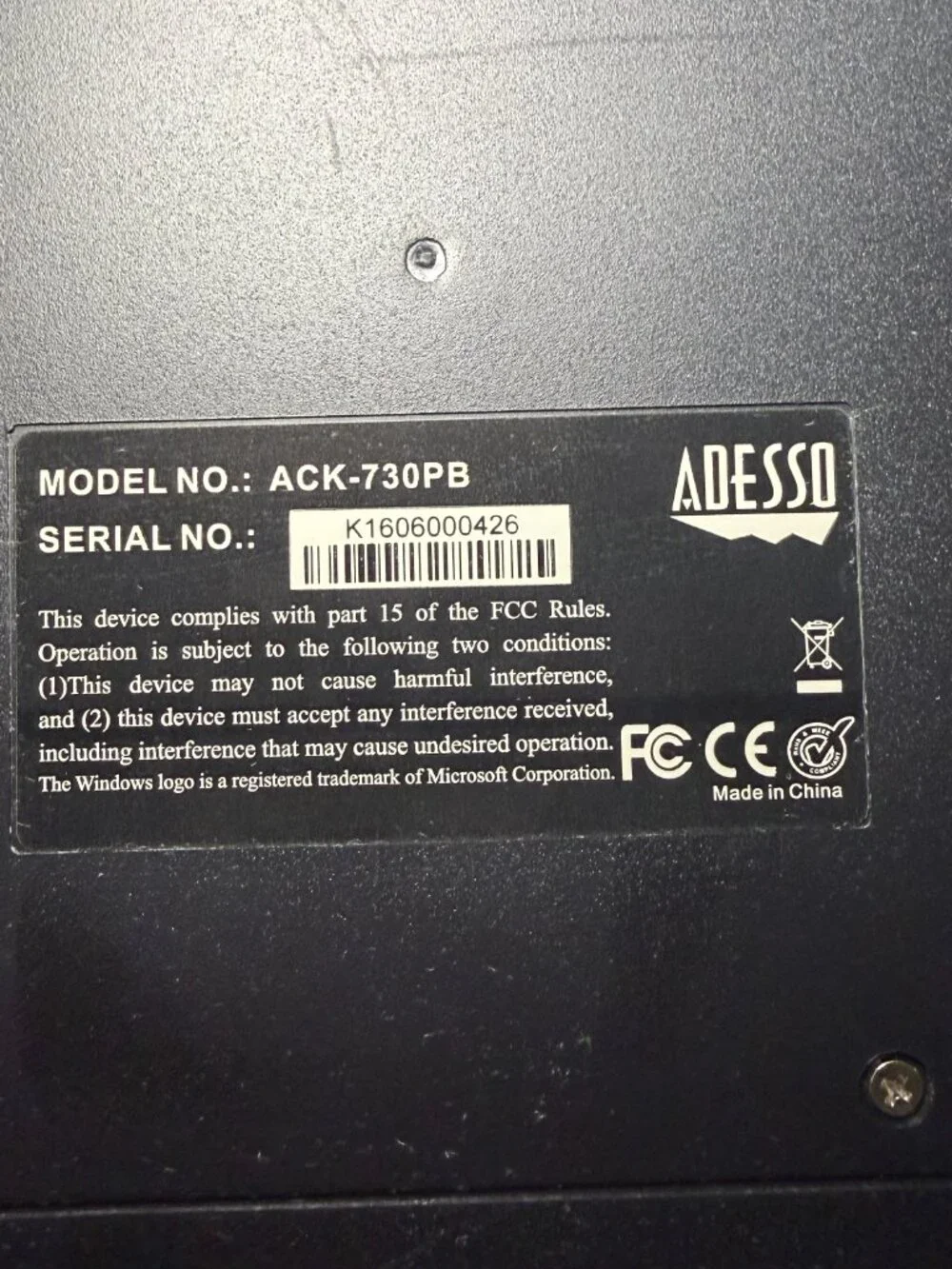 Adesso Easytouch 730 ACK-730PB Touchpad Keyboard w/USB Adapter Tested Working